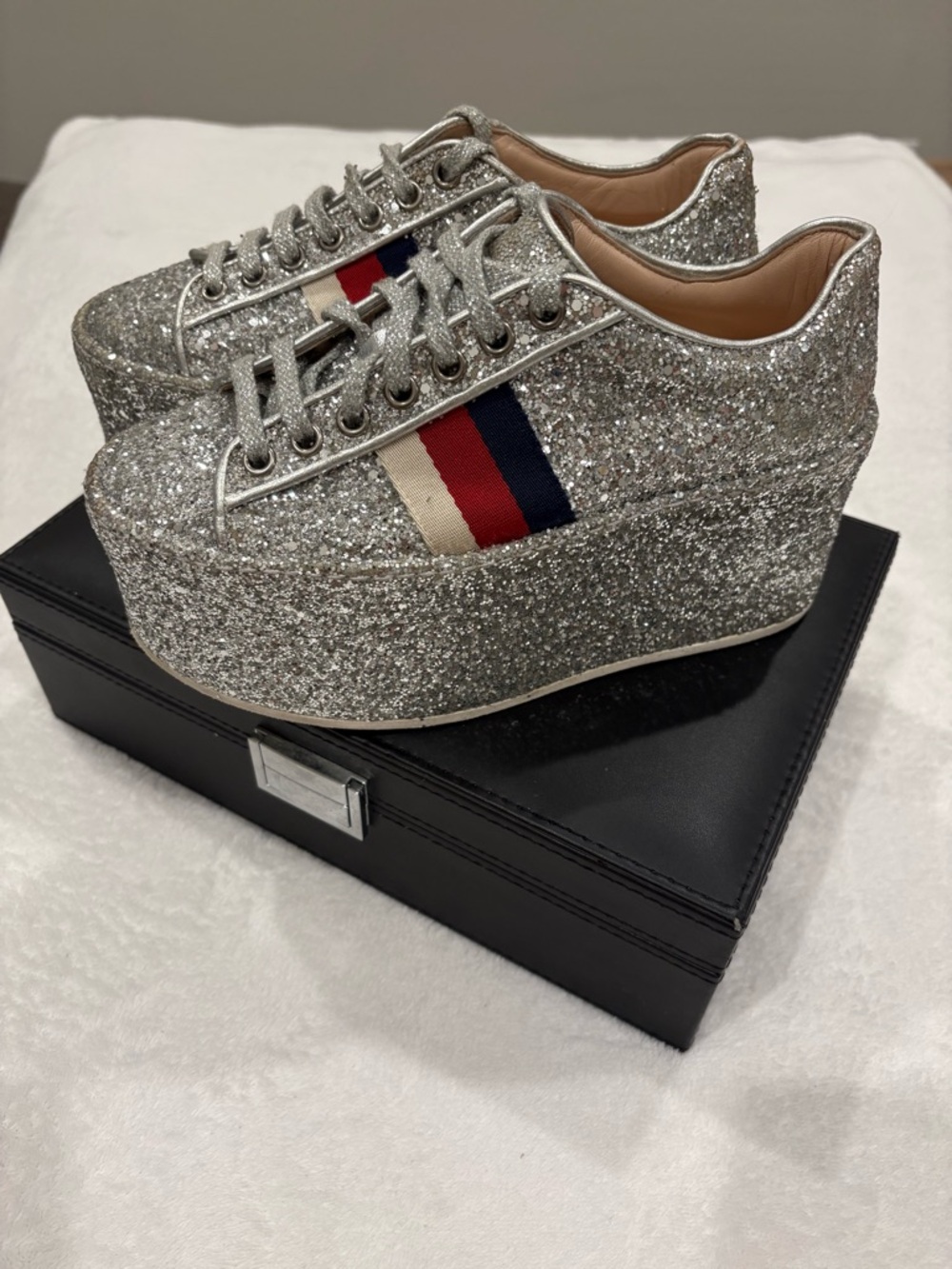 Gucci Silver Glitter Platform Sneakers with Red & Blue Stripe - Picture 2 of 6